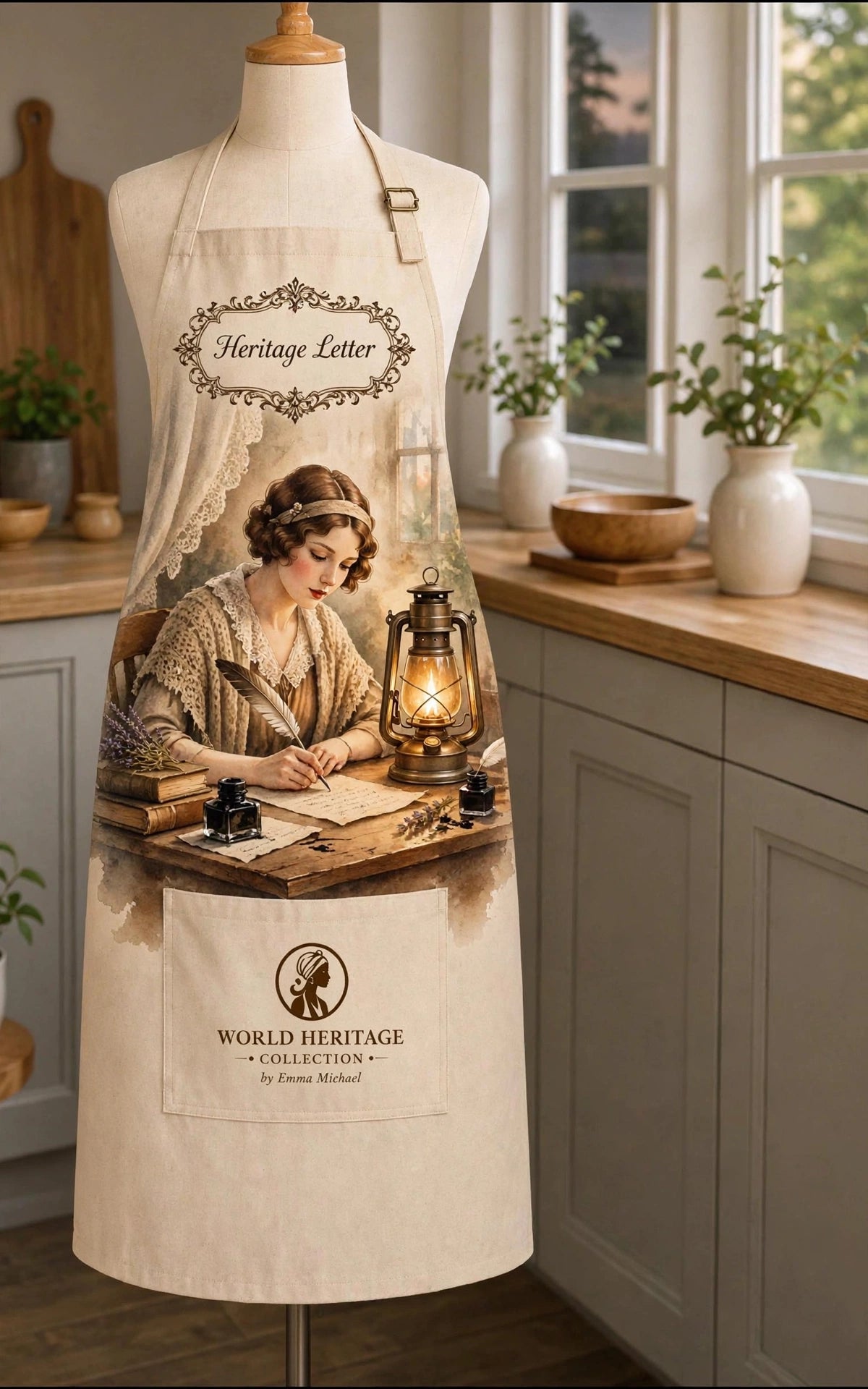 VKA-0102| Classic Heritage Apron – Vintage Lantern & Grandmother’s Kitchen Edition