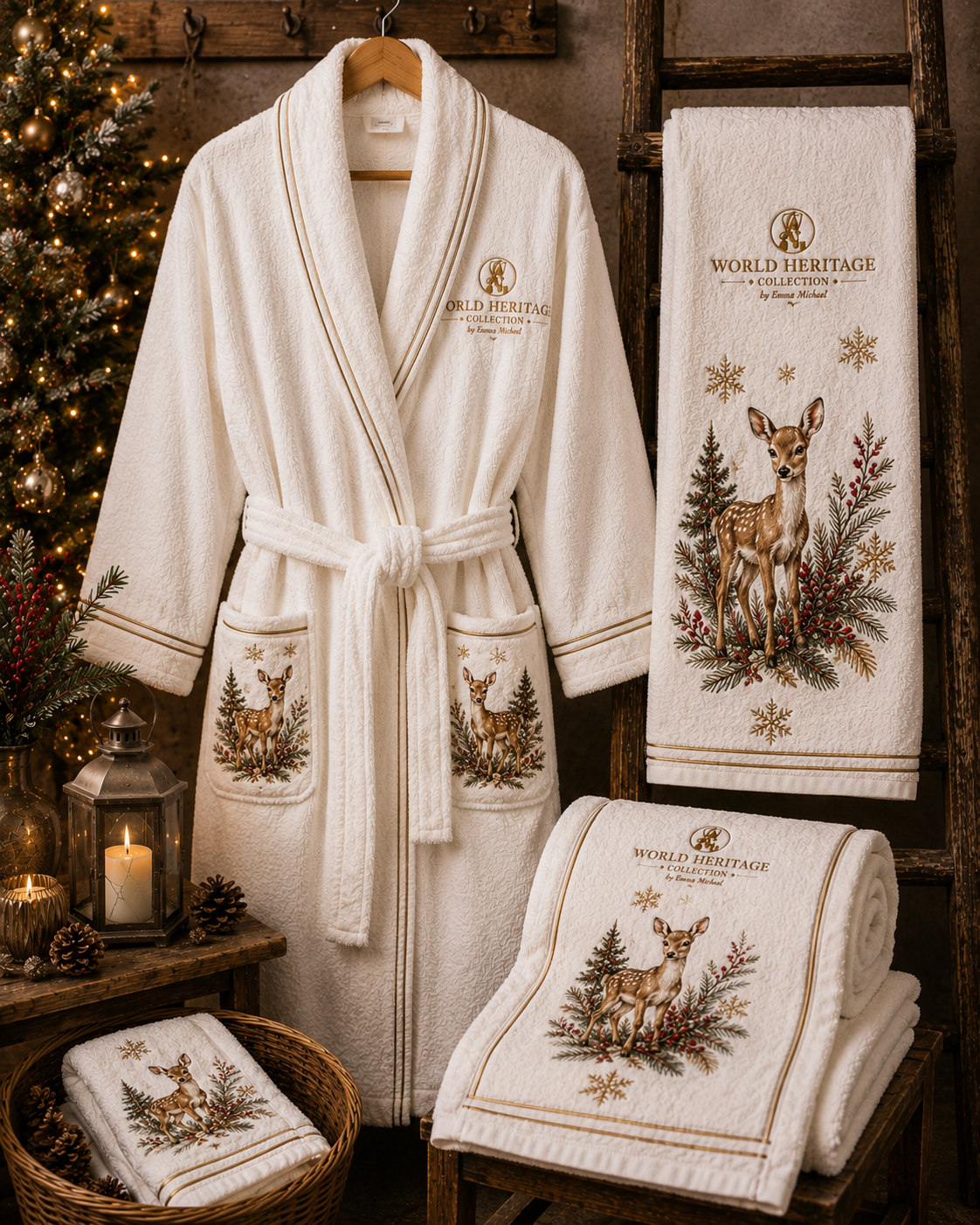 🎄 XR-0603| Winter Fawn Luxury Bath Robe & Towel Set – Limited Seasonal Edition