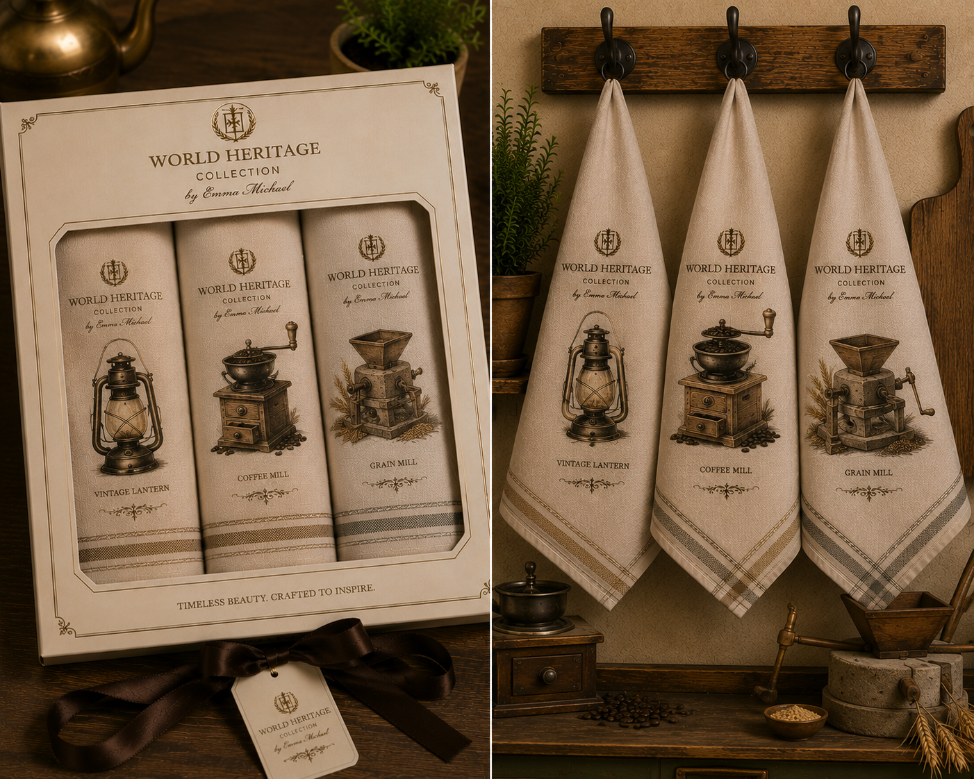 VKT- 0103| Timeless Heritage Kitchen – Vintage Lantern, Coffee Grinder & Traditional Millstone Luxury Kitchen Towel Gift Set