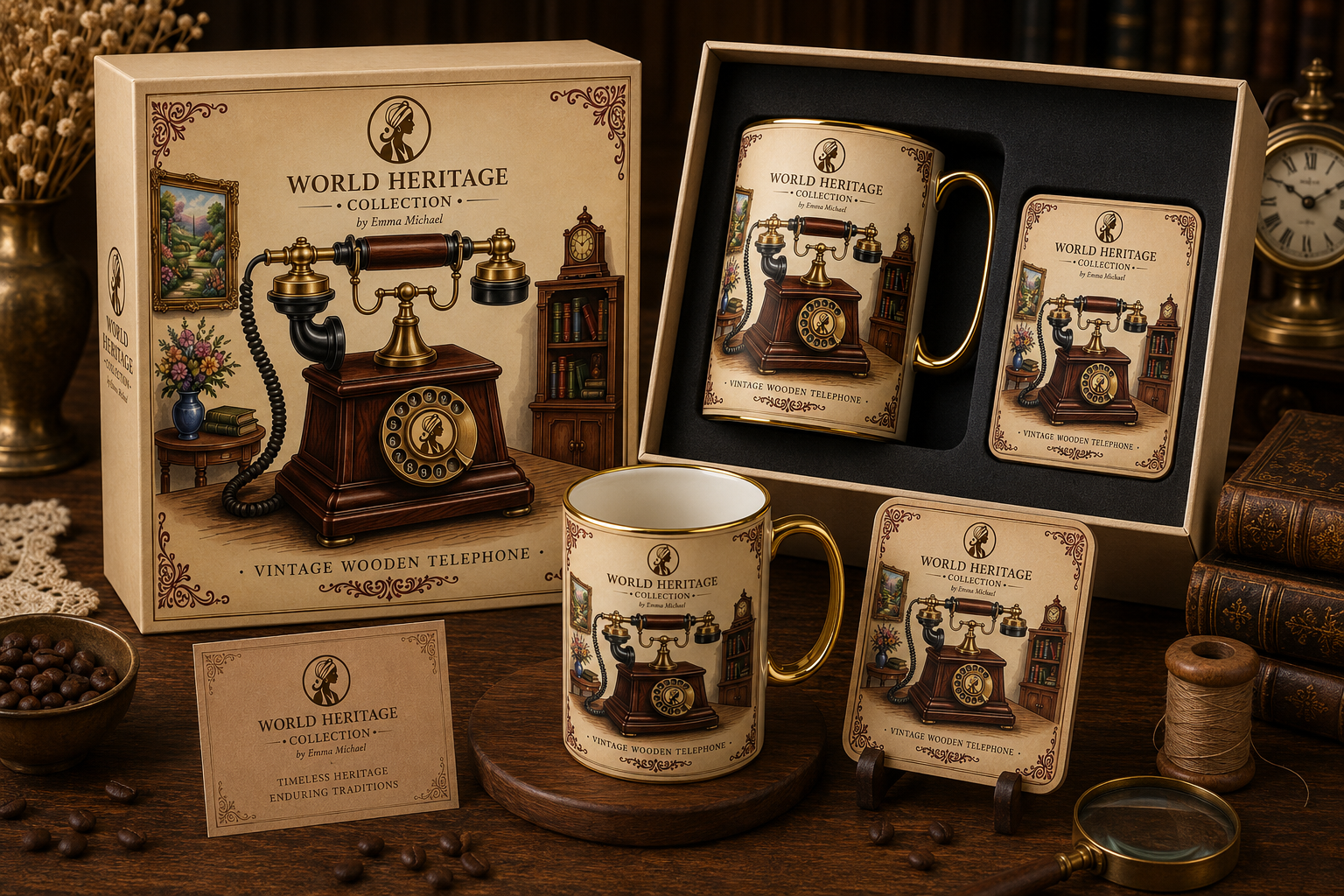 VMS- 06014| Vintage Old Telephone Mug & Coaster Gift Set – Heritage Edition