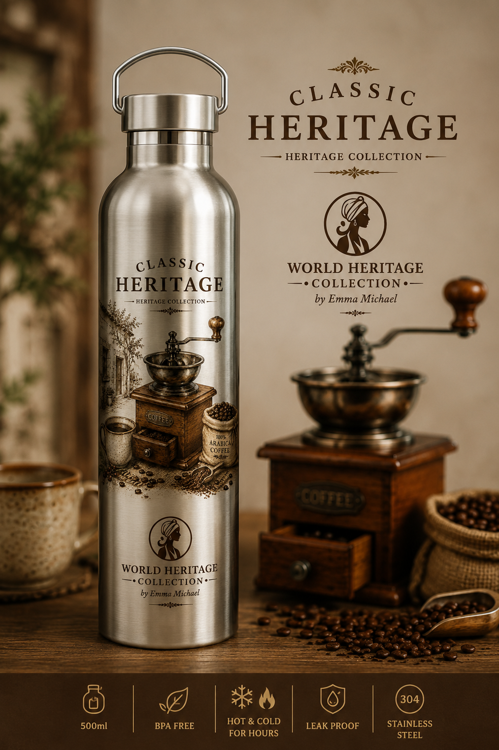VB-0407| Vintage Coffee Grinder Insulated Water Bottle – 500ml | World Heritage Collection
