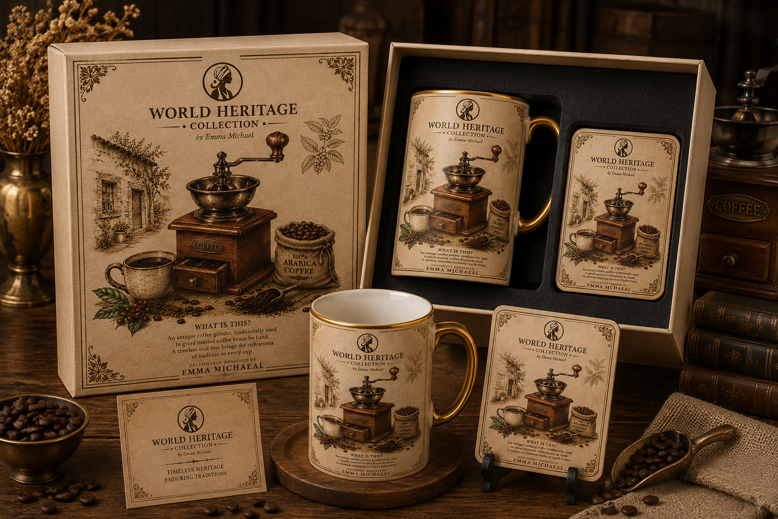 VMS- 01011| Vintage Coffee Grinder Mug & Coaster Gift Set – Heritage Edition