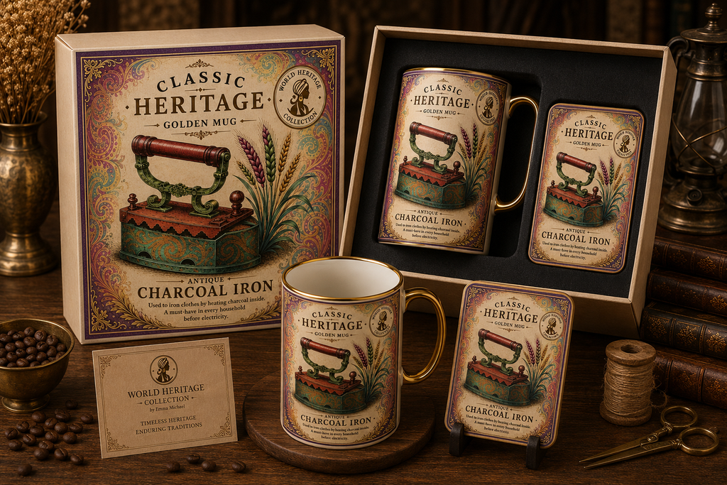 VMS-06017| Vintage Charcoal Iron Mug & Coaster Gift Set – Heritage Edition