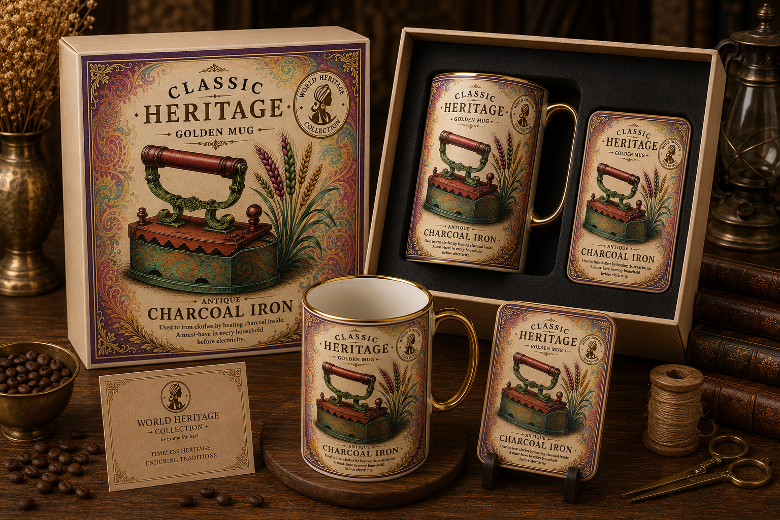 VMS-06017| Vintage Charcoal Iron Mug & Coaster Gift Set – Heritage Edition