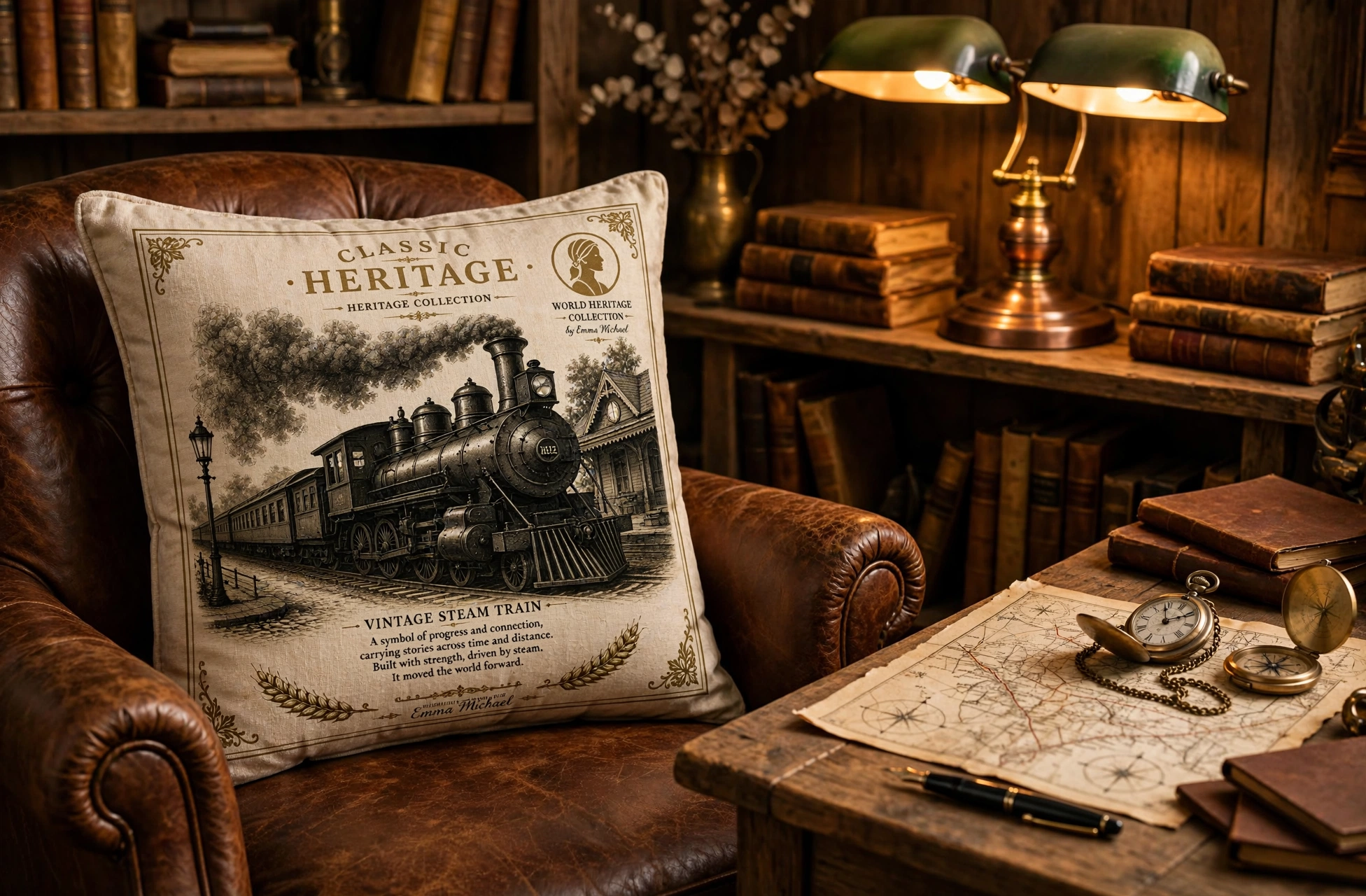 VC-05014| Vintage Steam Train Canvas Cushion Cover – Timeless Heritage Collection