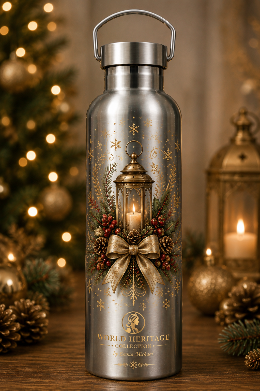 🎄XB-0506| Golden Christmas Lantern Stainless Steel Water Bottle – Limited Seasonal Edition