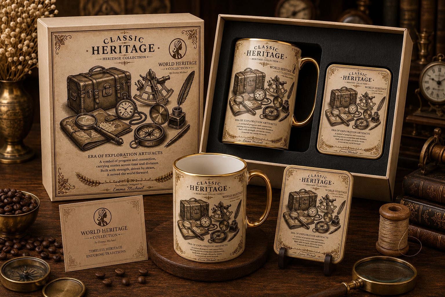 VMS- 06015| Vintage Explorer Artifacts Mug & Coaster Gift Set – Heritage Edition