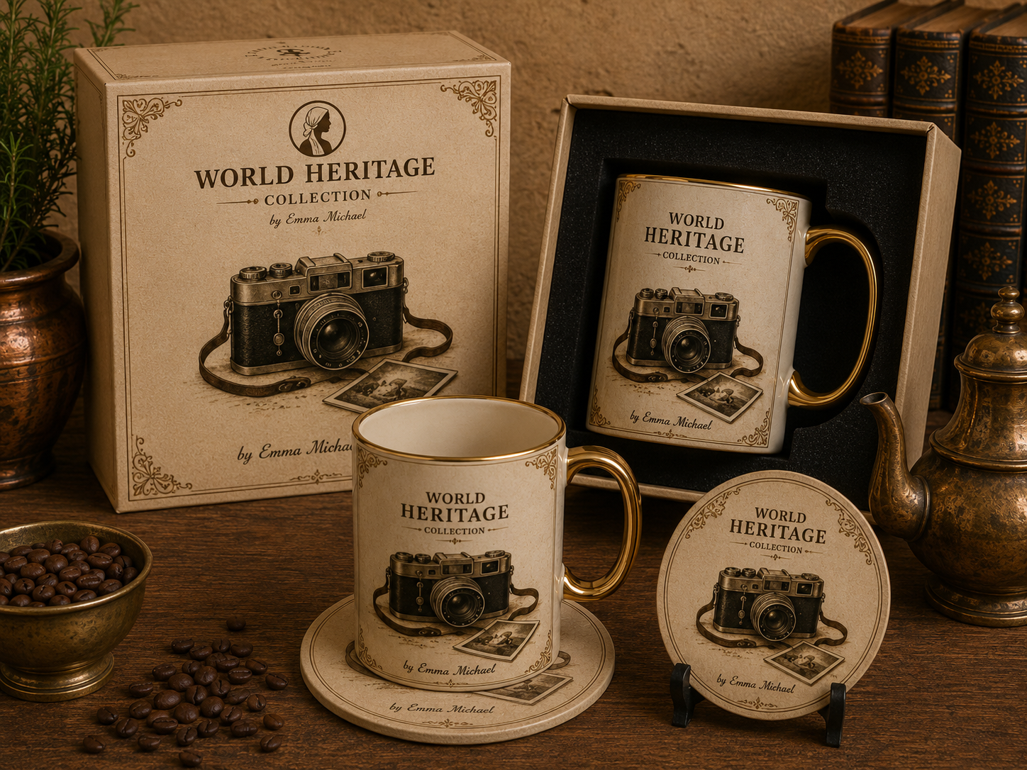 VMS- 0604| Nostalgic Vintage Camera Mug & Coaster Gift Set – Classic Heritage Collection