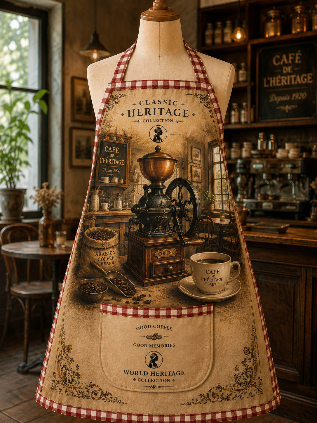 VKA-02011| Classic Heritage Antique Coffee Grinder Apron – Vintage European Café Collection