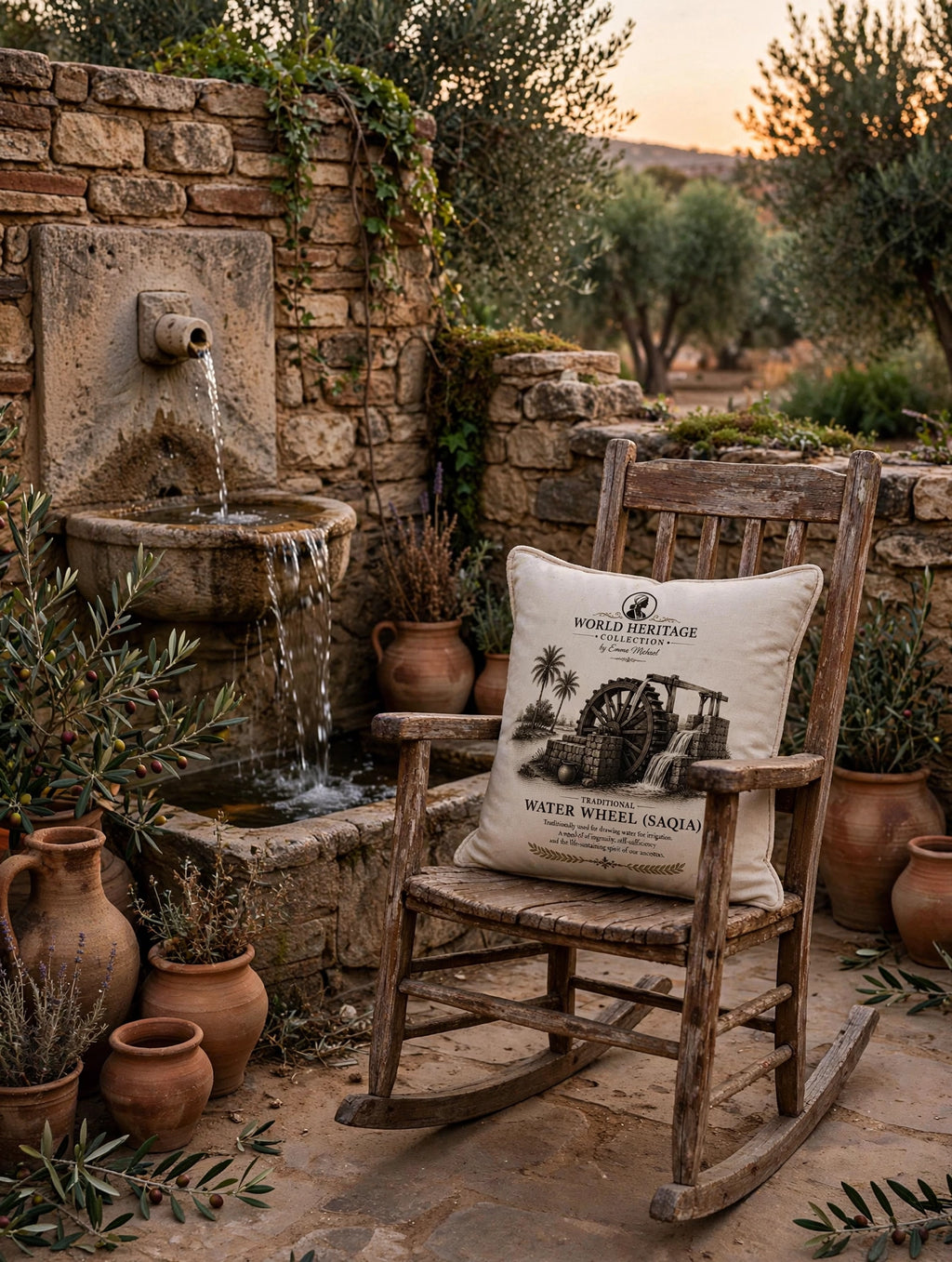 VC- 05022| Vintage Water Wheel Canvas Cushion Cover – Timeless Heritage Collection