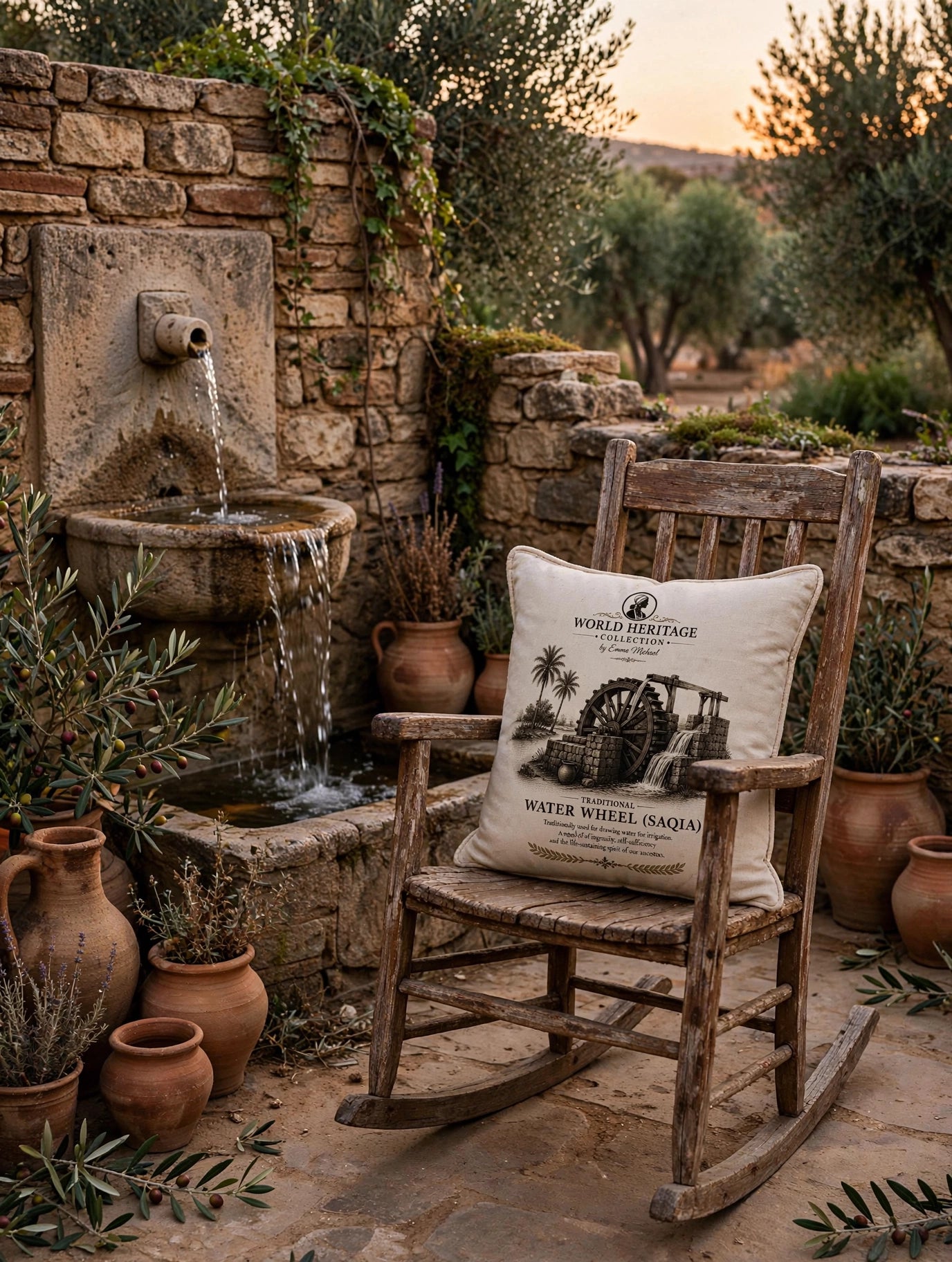 VC- 05022| Vintage Water Wheel Canvas Cushion Cover – Timeless Heritage Collection