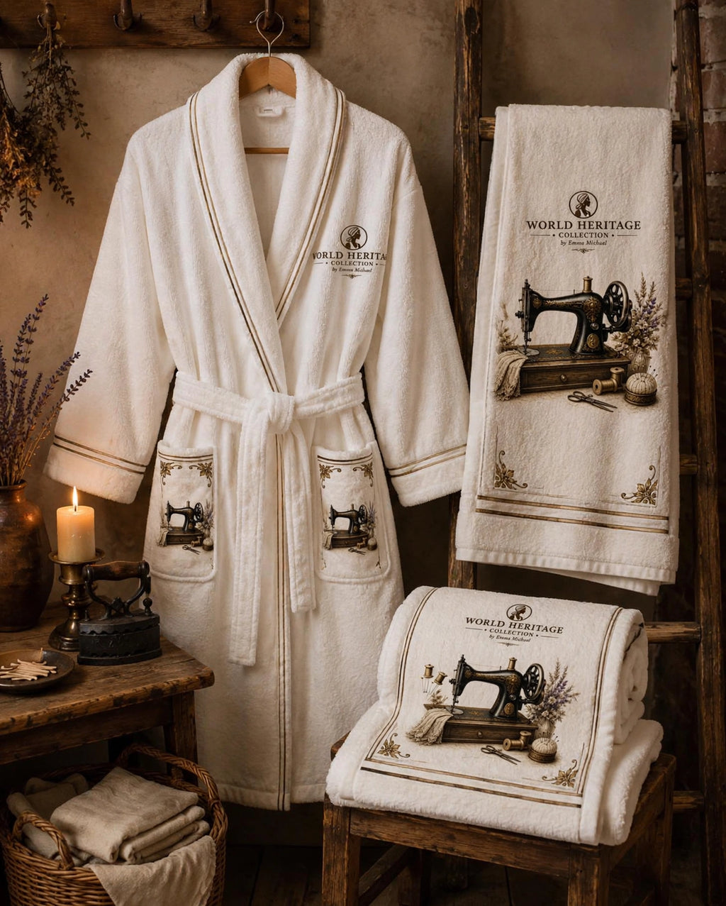 VBS-0306| Vintage Sewing Machine Bathrobe & Towel Gift Set