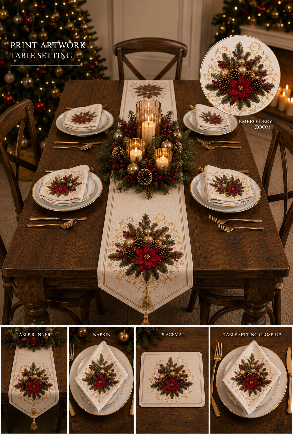 🎄 XTR- 0201 | World Heritage Classic Christmas Table Runner & Napkin Set