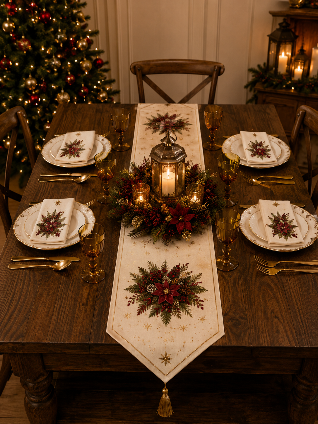 🎄 XTR- 0203| Holly Elegance Table Runner & Napkin Set