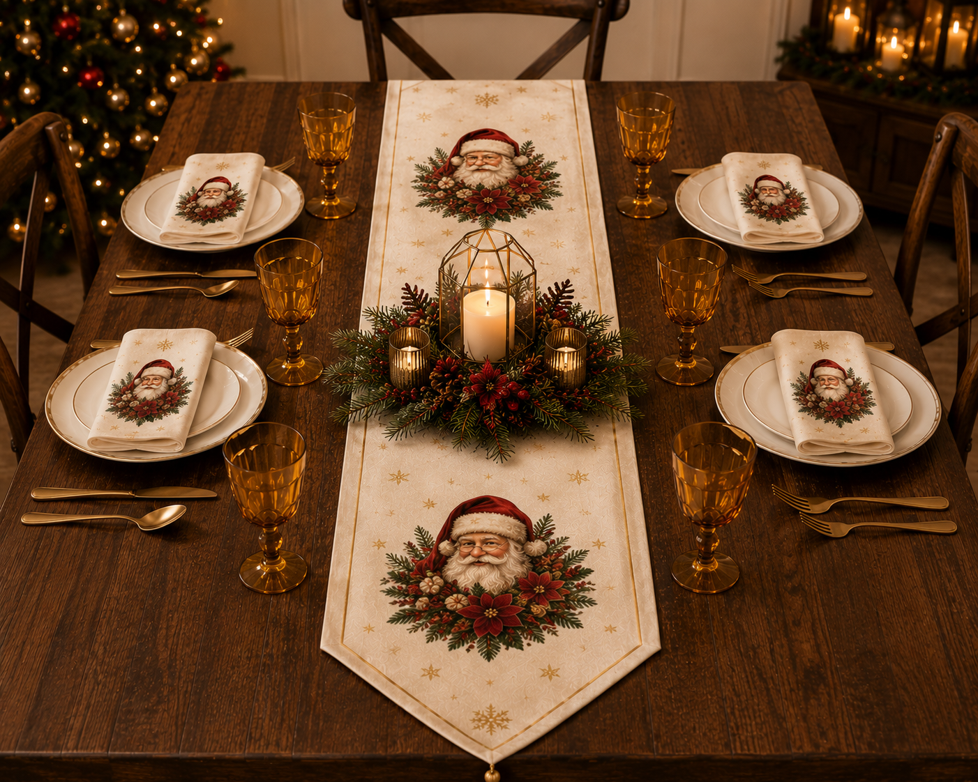 🎄 XTR- 0204 Santa Portrait Christmas Table Runner & 6 Napkins Set