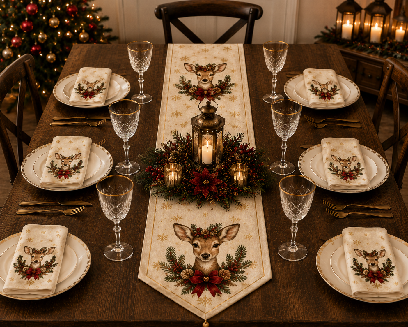 🎄 XTR- 0205 | Woodland Deer Christmas Table Runner & 6 Napkins – Luxury Dining Set