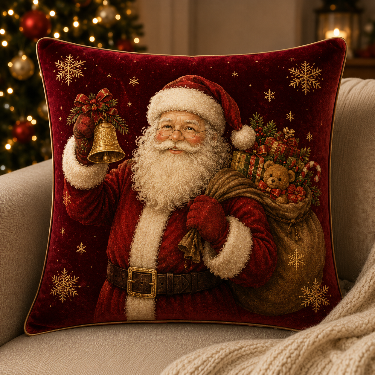 🎄XC-0301| Santa with Bell & Gift Sack Christmas Velvet Cushion Cover – Limited Seasonal Edition
