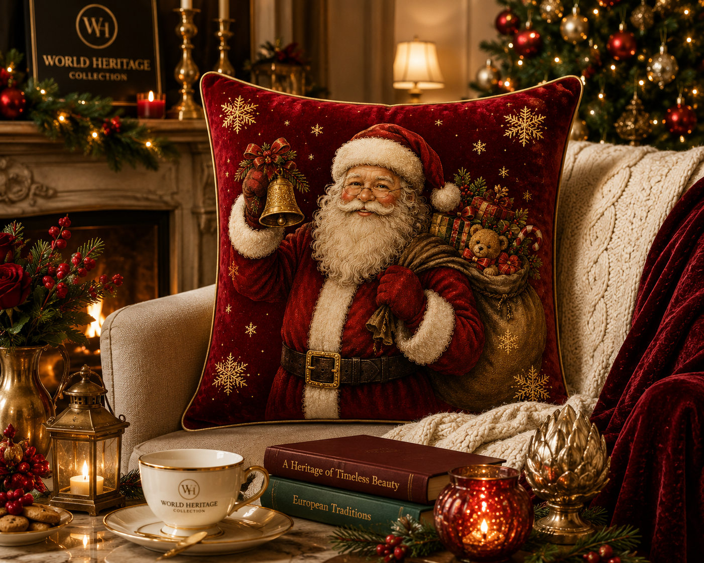 🎄XC-0301| Santa with Bell & Gift Sack Christmas Velvet Cushion Cover – Limited Seasonal Edition