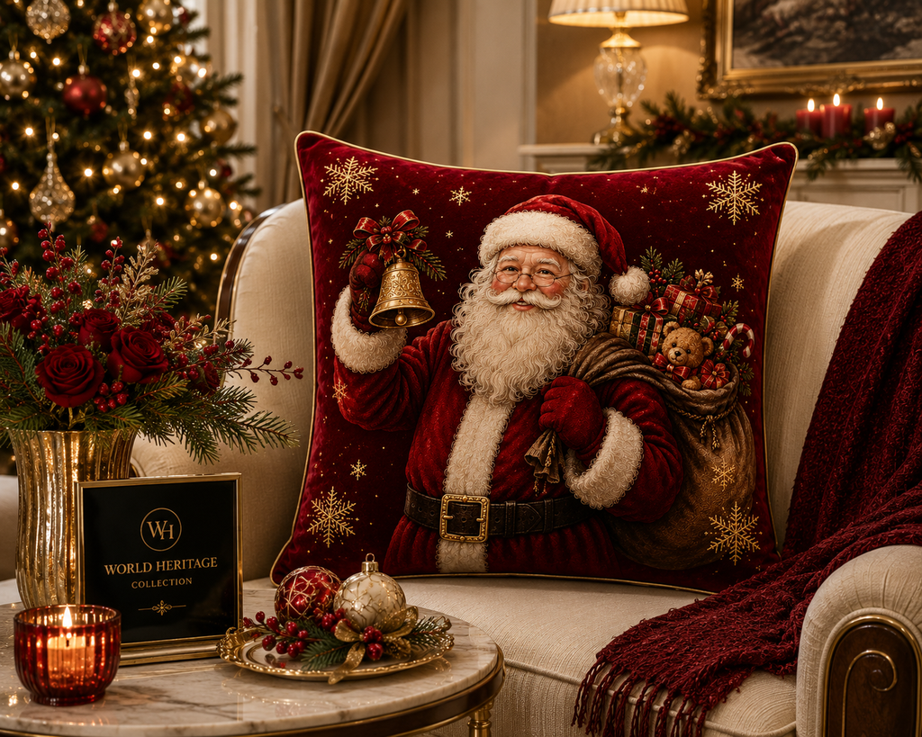 🎄XC-0301| Santa with Bell & Gift Sack Christmas Velvet Cushion Cover – Limited Seasonal Edition