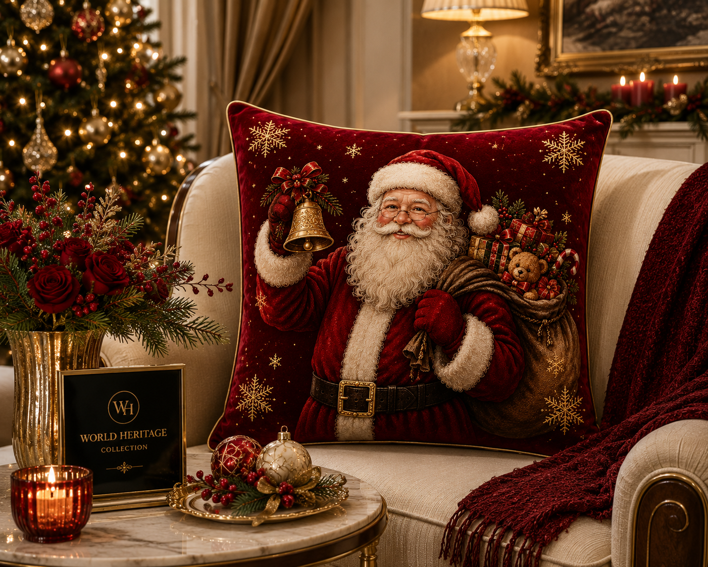 🎄XC-0301| Santa with Bell & Gift Sack Christmas Velvet Cushion Cover – Limited Seasonal Edition