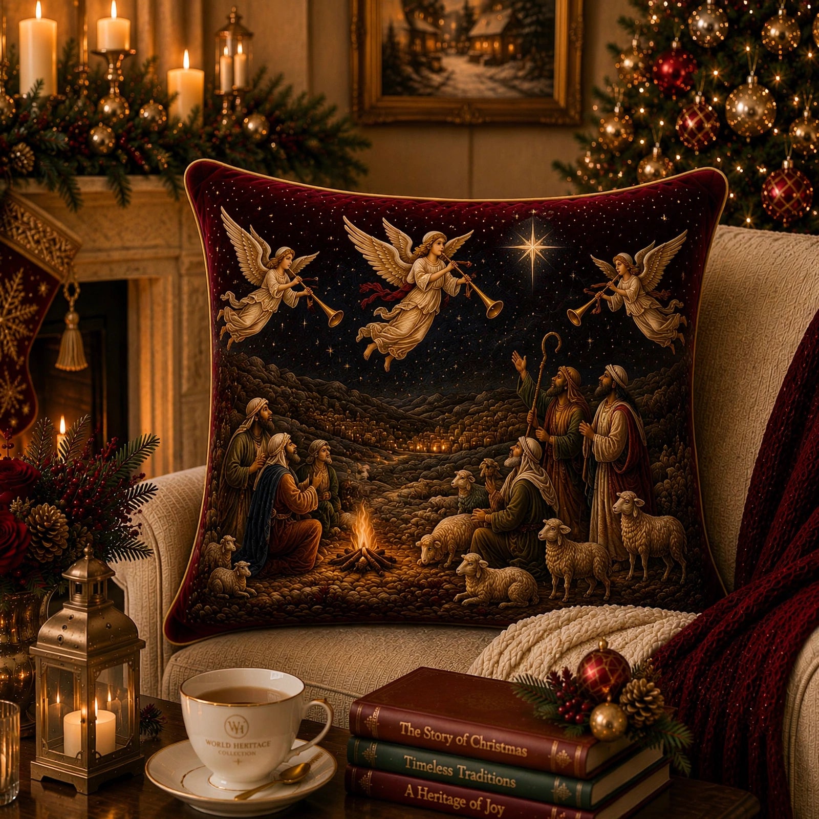 🎄XC-0305 | 01 Angels Announcing the Shepherds Christmas Velvet Cushion Cover – Limited Seasonal Edition