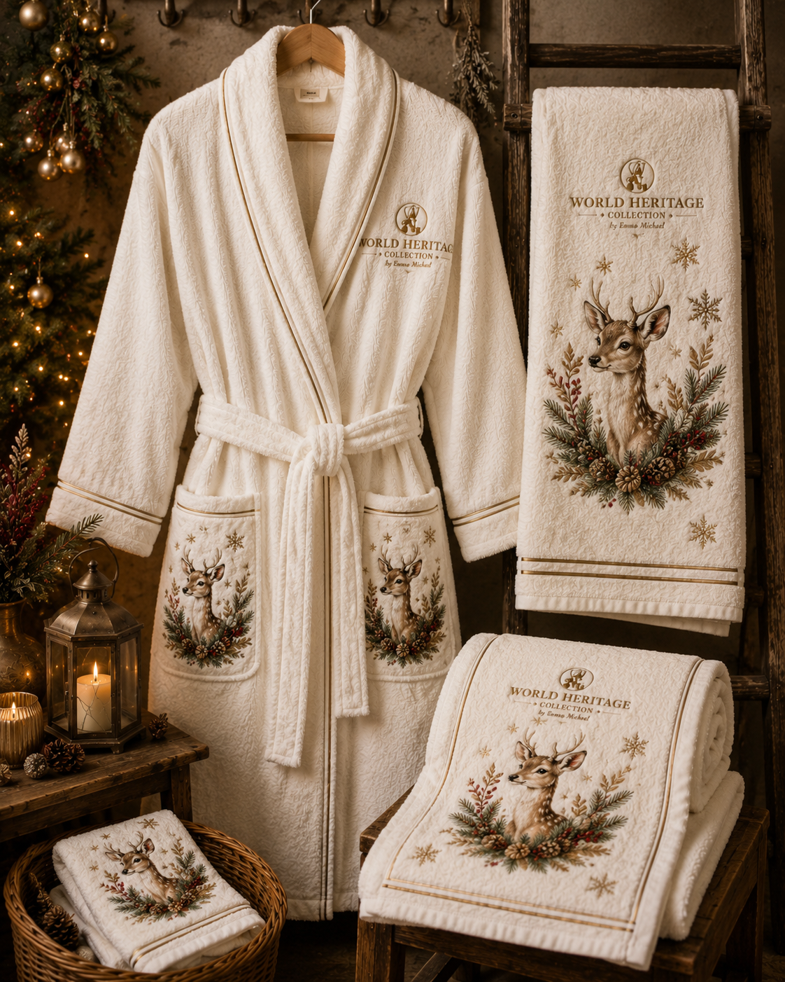 🎄 XR-0602| Winter Deer Luxury Bath Robe & Towel Set – Limited Seasonal Edition