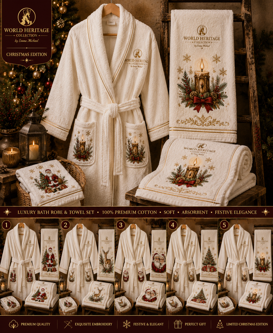 🎄XR-0605| Christmas Candle Luxury Bath Robe & Towel Set – Limited Seasonal Editio