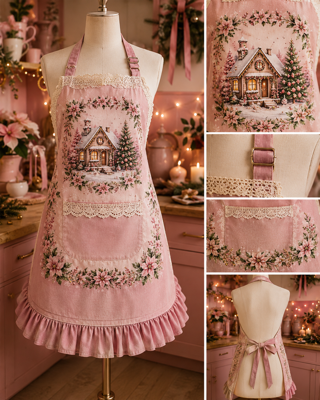 XA-0601 | Pink Christmas Cottage Apron – Limited Christmas Edition