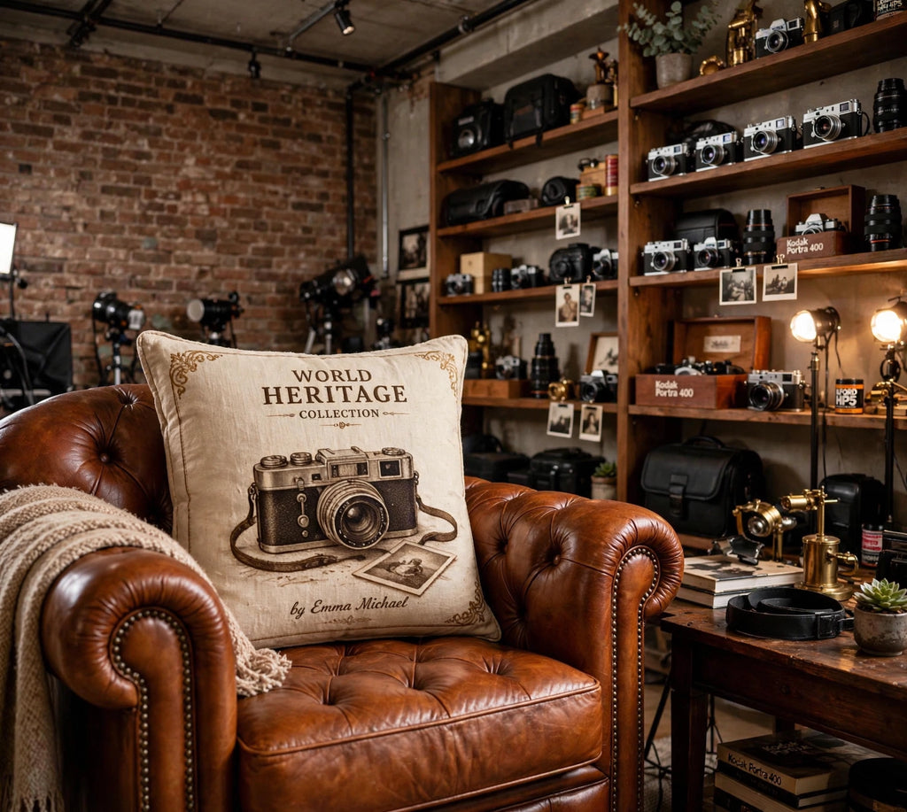 VC- 0505| Vintage Camera Canvas Cushion Cover – Timeless Heritage Collection