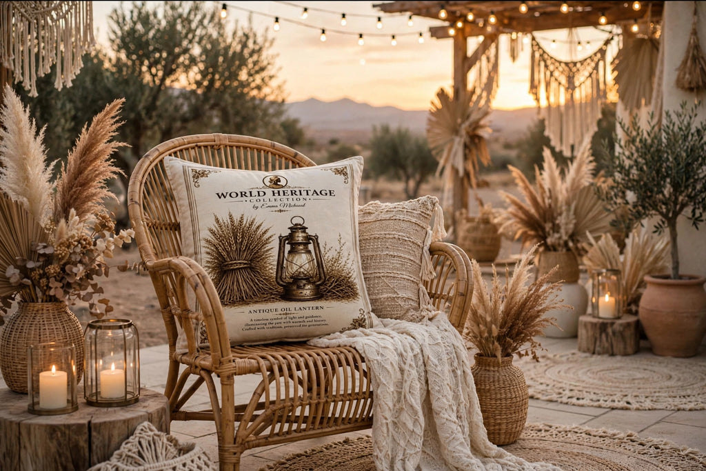 VC-0508| Vintage Lantern Canvas Cushion Cover – Timeless Heritage Collection