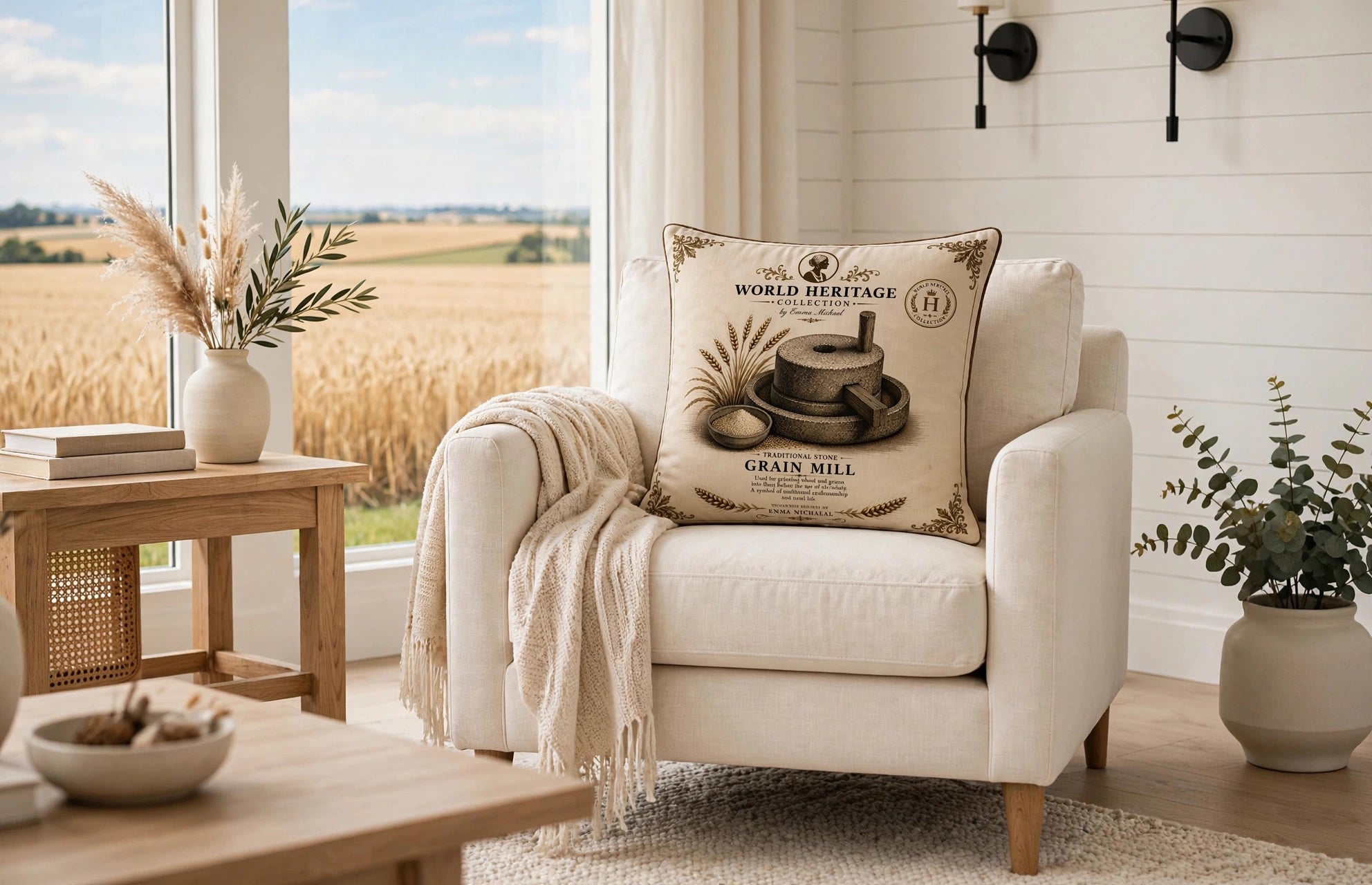 VC-05013| Vintage Grain Mill Canvas Cushion Cover – Timeless Heritage Collection