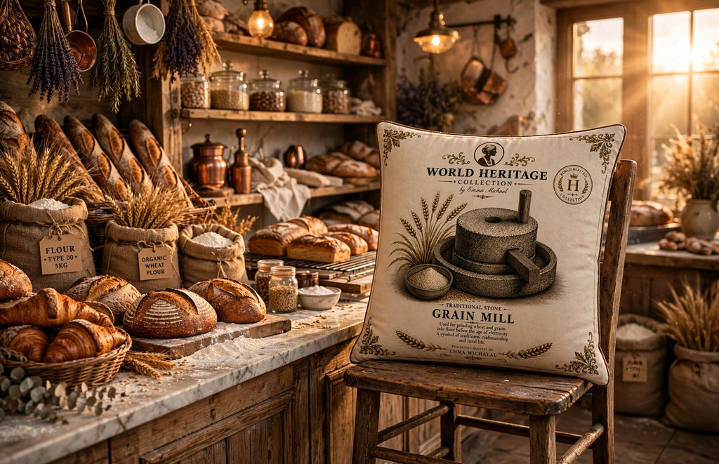 VC-05013| Vintage Grain Mill Canvas Cushion Cover – Timeless Heritage Collection