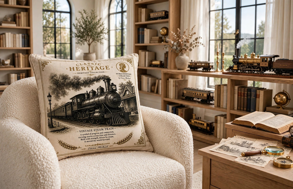 VC-05014| Vintage Steam Train Canvas Cushion Cover – Timeless Heritage Collection