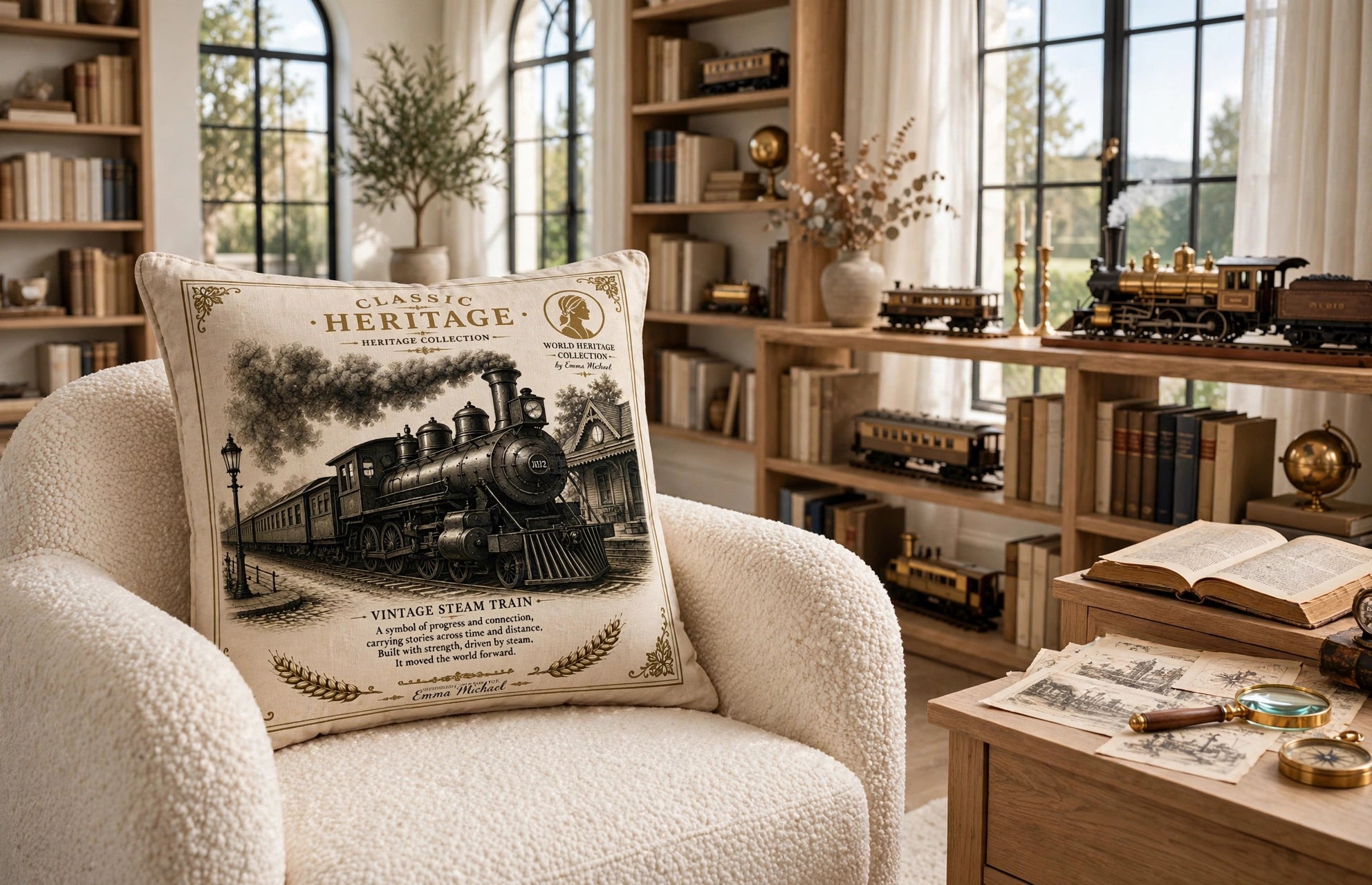 VC-05014| Vintage Steam Train Canvas Cushion Cover – Timeless Heritage Collection