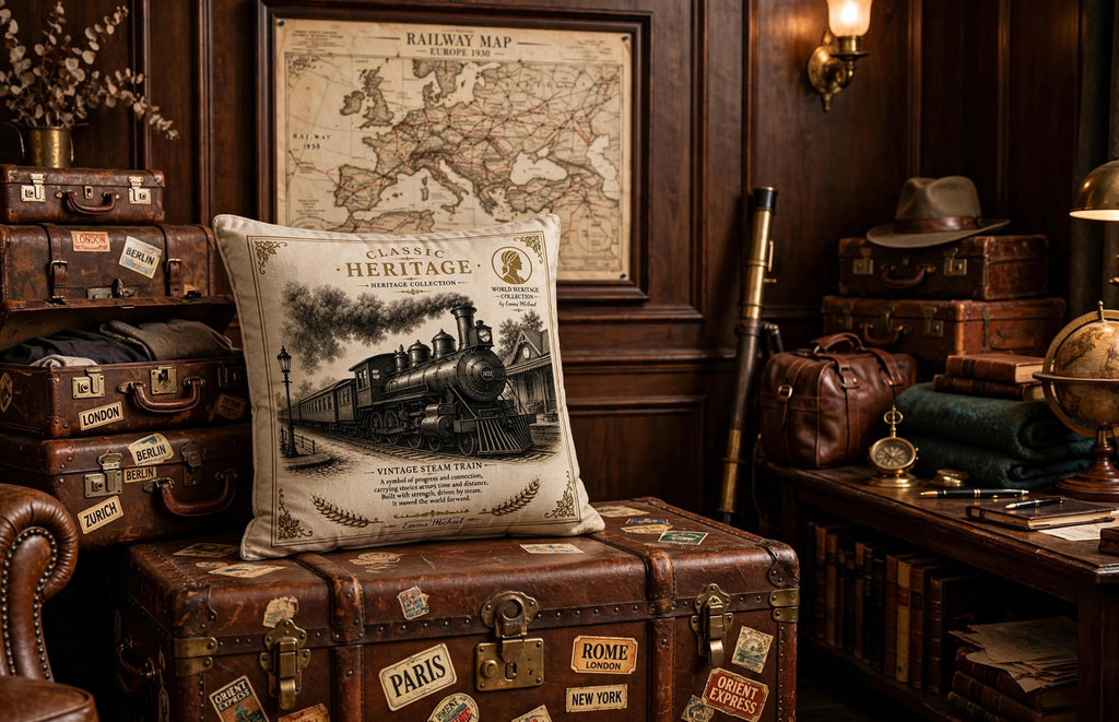 VC-05014| Vintage Steam Train Canvas Cushion Cover – Timeless Heritage Collection