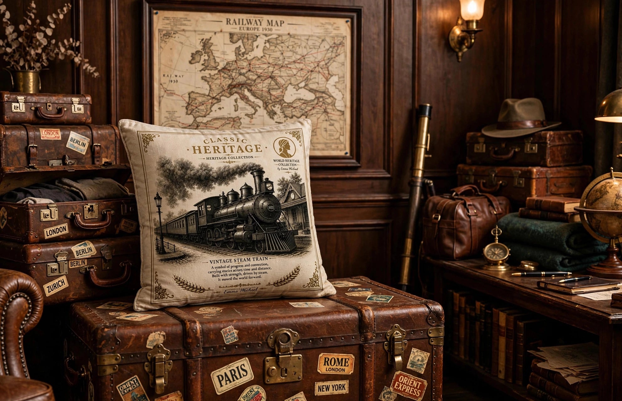 VC-05014| Vintage Steam Train Canvas Cushion Cover – Timeless Heritage Collection