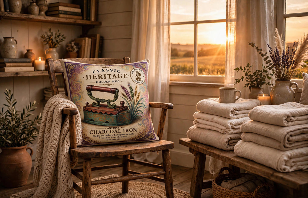 VC-0515| Vintage Painted Charcoal Iron Canvas Cushion Cover – Timeless Heritage Collectio