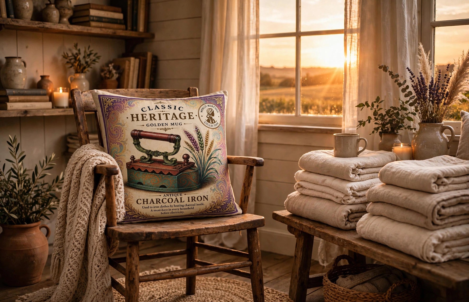 VC-0515| Vintage Painted Charcoal Iron Canvas Cushion Cover – Timeless Heritage Collectio