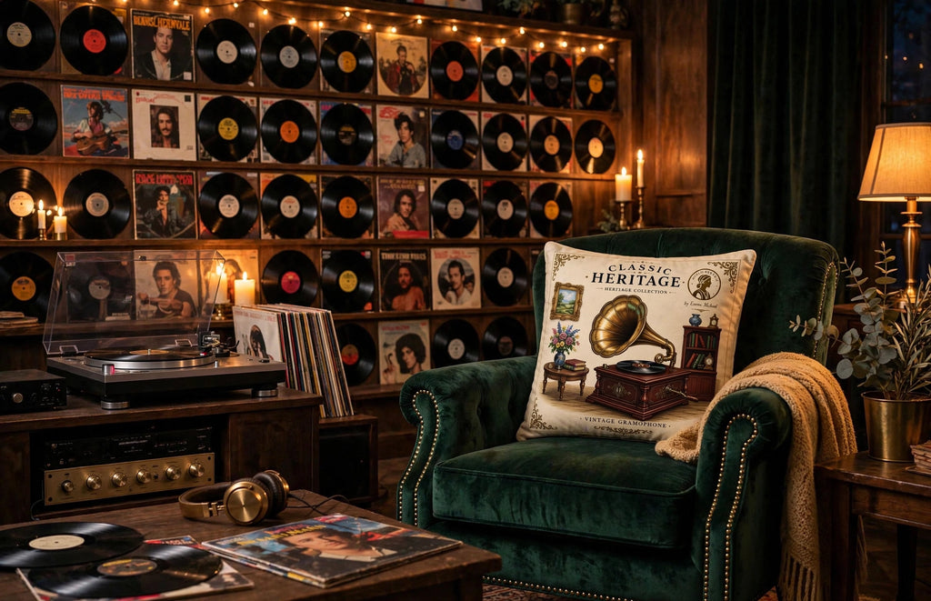 VC-05017| Vintage Gramophone Canvas Cushion Cover – Timeless Heritage Collection