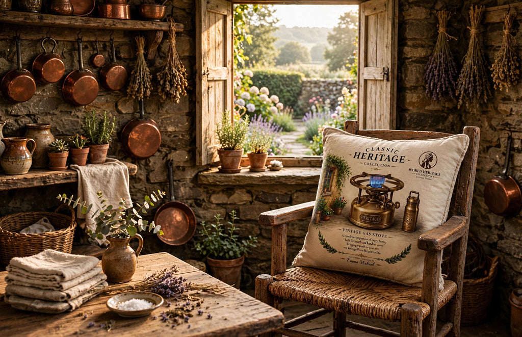 VC- 05020| Vintage Kerosene Stove Canvas Cushion Cover – Timeless Heritage Collection