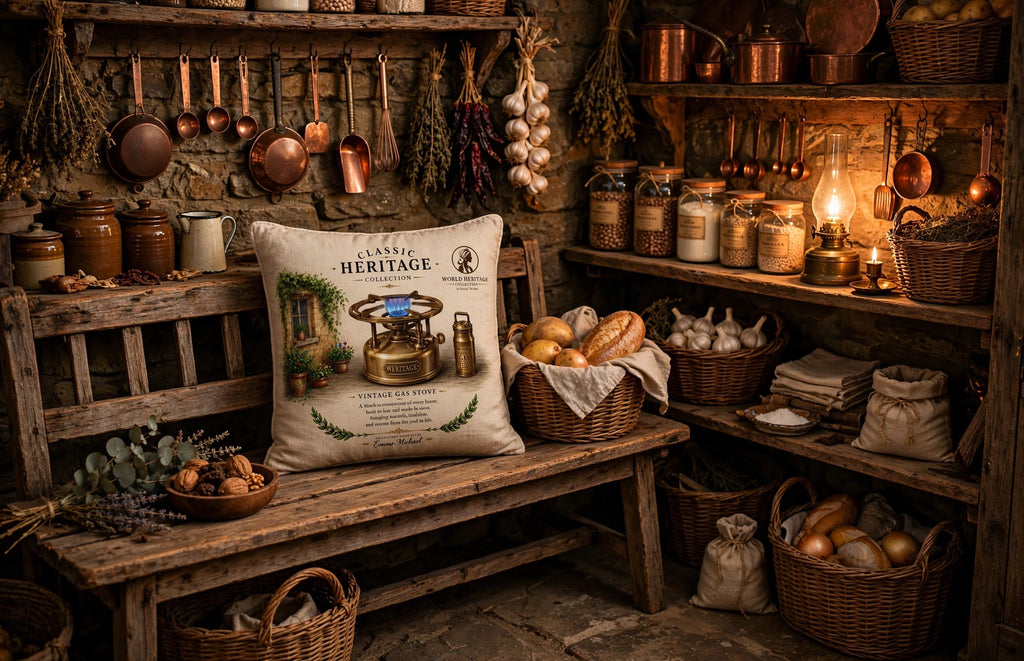 VC- 05020| Vintage Kerosene Stove Canvas Cushion Cover – Timeless Heritage Collection