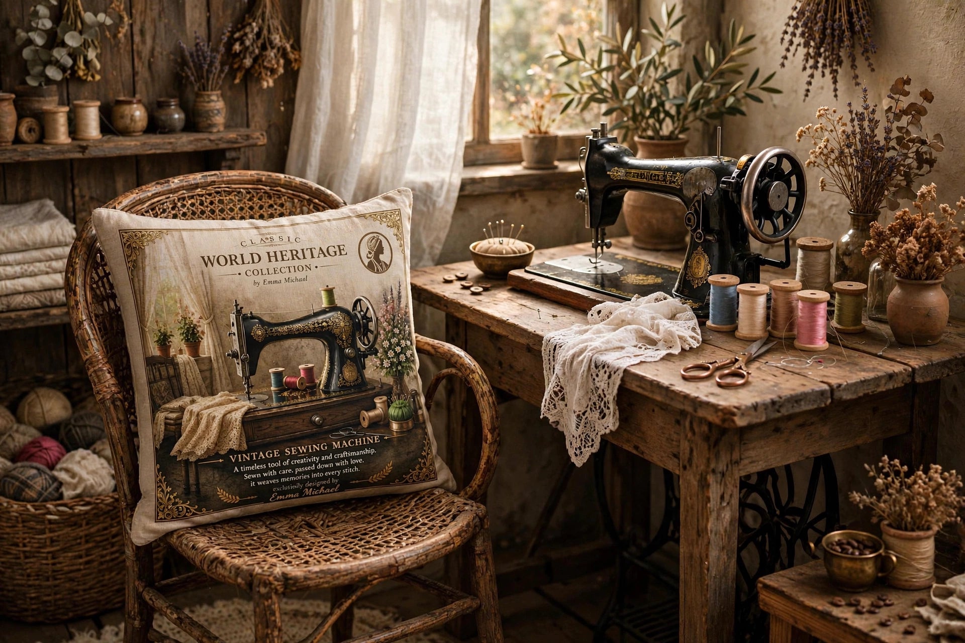 VC- 05021| Vintage Painted Sewing Machine Canvas Cushion Cover – Timeless Heritage Collection
