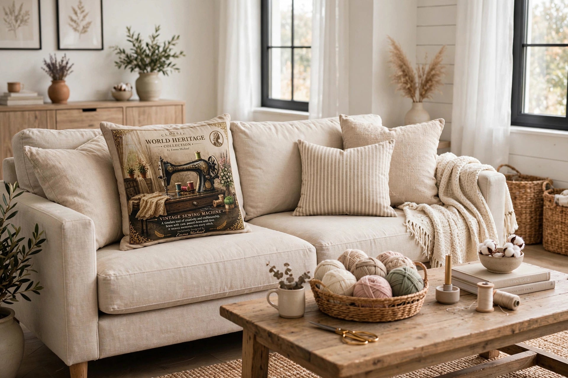 VC- 05021| Vintage Painted Sewing Machine Canvas Cushion Cover – Timeless Heritage Collection