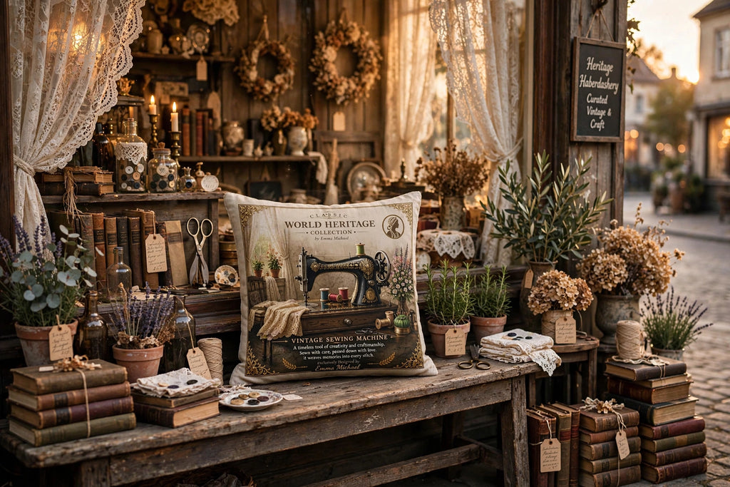 VC- 05021| Vintage Painted Sewing Machine Canvas Cushion Cover – Timeless Heritage Collection