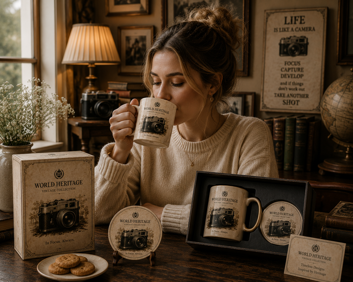VMS- 0604| Nostalgic Vintage Camera Mug & Coaster Gift Set – Classic Heritage Collection