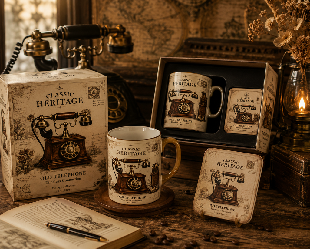 VMS- 06014| Vintage Old Telephone Mug & Coaster Gift Set – Heritage Edition