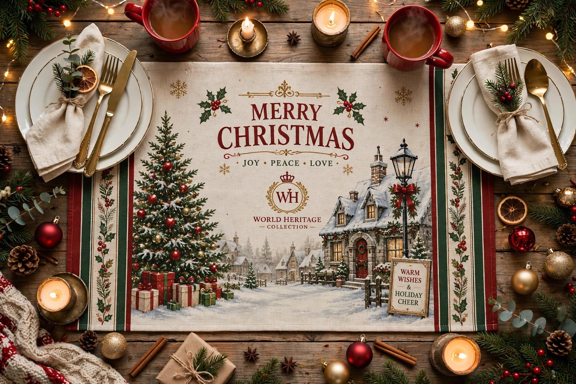 XTM- 0702| Merry Christmas Village Placemat Table Mat.  Set of 6