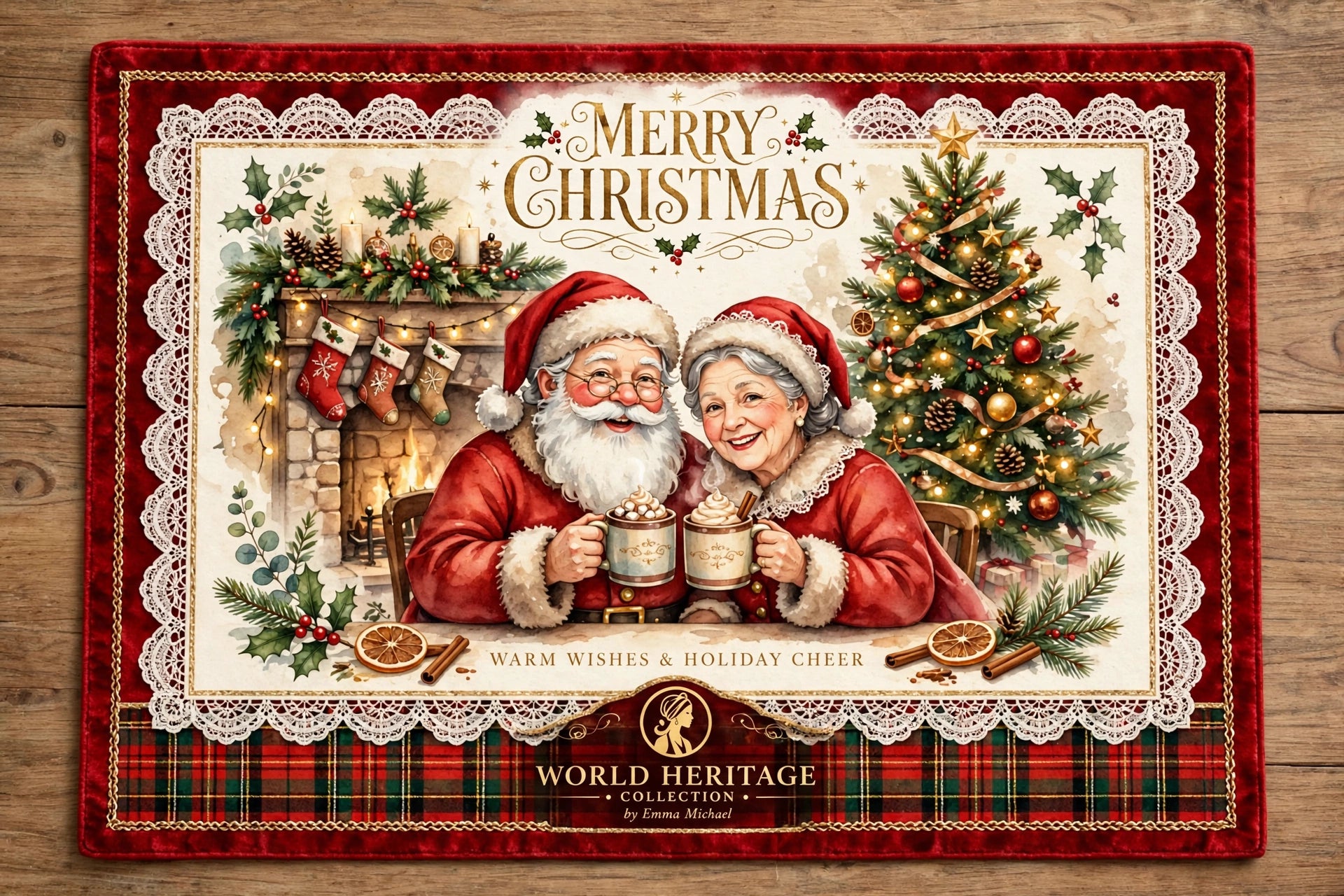 XTM-0705| XTM-0705 | Santa & Mrs. Claus Luxury Christmas Placemat Set (Set of 6)
